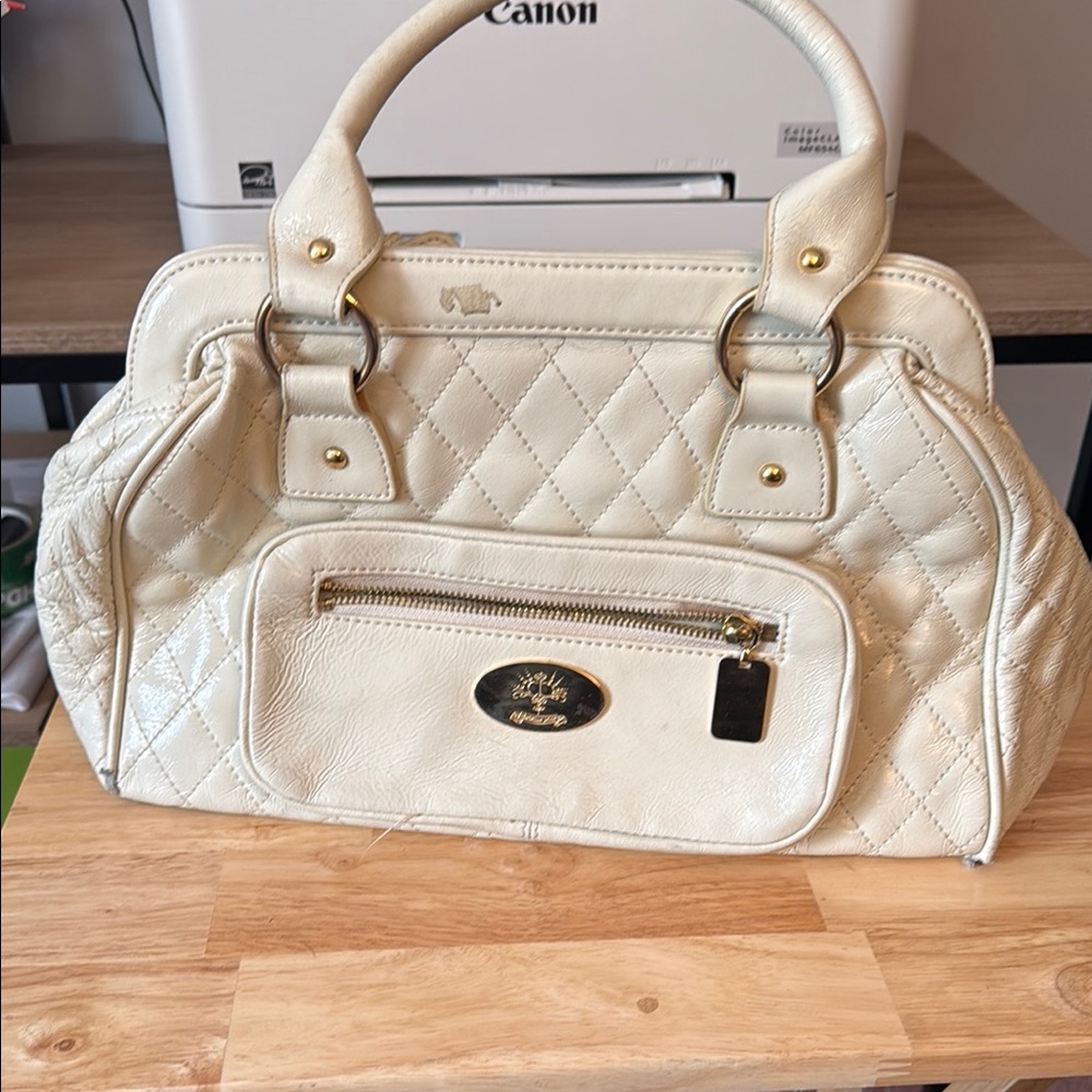 Cream and Gold Quilted Satchel with Glossy Finish